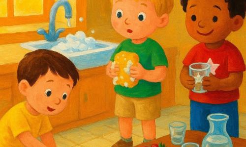 Trois garçons d'environ 4 ans dans une cuisine chaleureuse : à gauche un garçon aux cheveux bruns courts, t-shirt jaune et pantalon bleu, agenouillé et pointant une petite goutte d'eau brillante sur le sol; au centre un garçon aux cheveux blonds en bataille, t-shirt vert et short beige, debout tenant une éponge moussante et regardant l'évier; à droite un garçon aux cheveux noirs bouclés, t-shirt rouge avec une étoile blanche, souriant et serrant un petit verre étoilé; sol en carreaux clairs, table en bois avec plateau, bol de fraises, trois petits verres et carafe d'eau, évier blanc avec bulles et une fenêtre laissant entrer un rayon de soleil qui forme des carrés lumineux; scène de complicité joyeuse avec gouttes scintillantes, bulles de savon et couleurs vives rappelant la peinture acrylique.