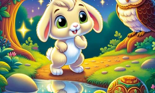 Un jeune lapin nommé Léo, avec un pelage crème, se tient au bord d’un ruisseau, ses grandes oreilles dressées et ses yeux curieux. Il sourit en observant son reflet dans l'eau. Près de lui, un hibou sage aux plumes brunes et dorées regarde Léo avec des yeux malicieux, prêt à partager un secret. Un peu plus loin, une tortue âgée avance lentement, affichant une expression calme. La scène se déroule dans une forêt enchantée, avec des arbres majestueux et des étoiles scintillantes dans le ciel crépusculaire. Léo joue avec les reflets dans l’eau, tandis que le hibou et la tortue l'observent, prêts à lui offrir leur sagesse.