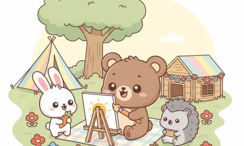 Petit ours en peluche brun souriant, aux yeux ronds, assis sur une couverture et peignant un soleil jaune vif à la brosse orange; à sa gauche une petite lapine blanche aux longues oreilles roses tient une carotte et admire la toile; à droite un hérisson gris timide tient une planche près d’une pile de branches pour aider à construire une cabane; clairière d’été avec herbe verte, fleurs multicolores, grand arbre à feuilles rondes, tente rayée pastel et cabane en bois décorée de guirlandes, lumière douce de fin d’après-midi, formes arrondies et palette pastel pour une ambiance calme et joyeuse.