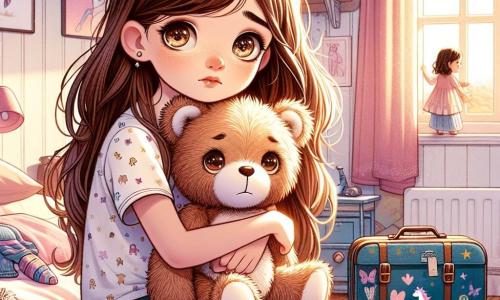 Zoé, une petite fille de six ans aux longs cheveux bruns et aux yeux pétillants, est assise sur son lit avec son doudou Bouly, un ours en peluche usé, serré contre elle. Elle a une expression mélancolique, des larmes dans les yeux, en regardant une valise ouverte à côté d'elle. Maman, une femme aux cheveux châtains et au sourire réconfortant, se tient près de la porte, les bras croisés, l'air doux mais préoccupé, observant Zoé avec tendresse. La chambre de Zoé, décorée de murs pastel et de posters de licornes, est éclairée par une douce lumière matinale. Zoé, perdue dans ses pensées, prépare son sac pour aller chez Papa, tandis que Bouly semble prêt à l'accompagner dans cette nouvelle aventure, malgré l'incertitude ambiante.