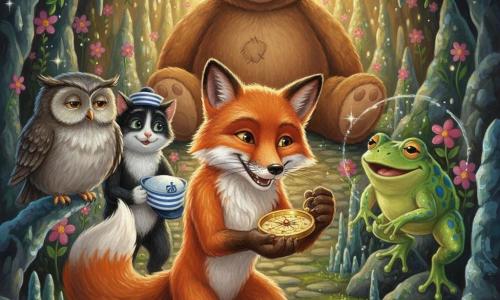 Un renard roux anthropomorphe au pelage brillant et sourire malicieux agenouillé devant une boussole dorée tournant dans ses pattes, observé par un hibou gris dodu perché sur une stalactite, une grenouille verte tachetée de bleu sautant en laissant des gouttes brillantes, un chat noir et blanc élégant au chapeau de marin tenant un chapeau supplémentaire derrière le renard, et un énorme ours en peluche velouté assis au fond de la grotte ; la grotte tapissée de fleurs luminescentes roses et violettes, lianes vertes et stalagmites scintillantes, sentier de pierres moussues menant à une entrée baignée de lumière dorée ; ambiance joyeuse et comique, couleurs vives, textures épaisses et reflets brillants sur la boussole.