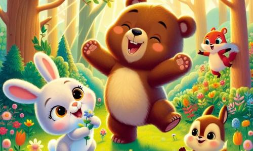 Un petit ours brun nommé Oscar danse autour de jeunes fleurs colorées, émerveillé par la beauté du printemps. À ses côtés, une petite lapine blanche nommée Lili saute joyeusement en tenant une fleur. En arrière-plan, un écureuil roux nommé Sam grimpe sur une branche, tandis qu'une chouette sage, Hélène, les observe avec bienveillance. La scène se déroule dans une forêt enchantée, baignée de lumière dorée, où Oscar et ses amis célèbrent l'éveil de la nature dans une danse joyeuse.