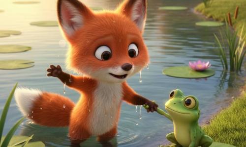 Un petit renard roux au pelage doux et brillant, yeux ronds, surpris et trempé, se débat dans l'eau en remuant les pattes ; il a une tache blanche sur la poitrine, une queue touffue à pointe blanche et les oreilles légèrement rabattues. Une petite grenouille verte au ventre jaune, à la peau lisse et aux grands yeux globuleux, sourit et tire doucement le renard vers la berge en s'agrippant à sa patte avant, des pattes palmées visibles sur un nénuphar proche. L'étang calme à eau claire reflète le soleil couchant doré ; nénuphars flottants, quelques roseaux et fleurs roses, berge herbeuse. Lumière chaude, ombres douces, couleurs vives pour une scène joyeuse et rassurante, cadrée en plan rapproché sur le sauvetage et les expressions