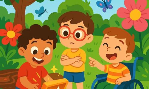 Trois personnages sont présents : Lucas, un garçon joyeux de 8 ans avec des cheveux bouclés et un t-shirt rouge vif, qui ouvre une boîte magique avec excitation ; Sam, un garçon curieux de 7 ans portant de grandes lunettes rouges et un short bleu, qui observe attentivement Lucas ; et Max, un garçon souriant de 9 ans en fauteuil roulant bleu avec un t-shirt à rayures, riant et pointant vers le jardin enchanté derrière eux. L'histoire se déroule dans un jardin luxuriant rempli de fleurs géantes, d'arbres aux fruits brillants et d'une rivière de chocolat scintillante, où des papillons multicolores volent, ajoutant une touche magique. Les amis découvrent une boîte mystérieuse, prête à les plonger dans un monde d'aventures enchantées.