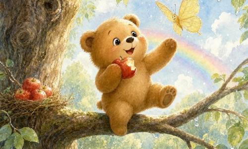 Petit ours en peluche Léo, corpulent et tout doux à la fourrure brun clair, yeux ronds et sourire émerveillé, perché sur une branche basse en train de croquer une pomme rouge à moitié mangée ; un papillon fin aux ailes dorées et translucides vole près de sa tête ; un grand arbre au tronc rugueux et feuillage dense abrite, sur une fourche de branche, un nid improvisé rempli de pommes rouges ; ciel post-pluie avec nuages légers, gouttes scintillantes sur les feuilles et un arc‑en‑ciel doux au‑dessus de la clairière, ambiance tendre et lumineuse.