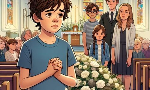 Au centre de l'image, un garçon de 12 ans, Thomas, aux cheveux bruns en bataille et aux yeux tristes, se tient devant un cercueil recouvert de fleurs blanches. Il est vêtu d'un t-shirt bleu et d'un jean, les mains jointes, exprimant une profonde mélancolie. À ses côtés, sa mère, une femme d'une trentaine d'années aux cheveux châtains, le prend dans ses bras pour le réconforter, portant une robe noire simple. En arrière-plan, des amis de Thomas, dont un garçon avec des lunettes et une fille aux cheveux blonds tressés, se tiennent ensemble, sérieux, partageant des souvenirs de leur ami Hugo. L'église lumineuse, avec des vitraux colorés, crée une atmosphère solennelle et réconfortante, ornée de bouquets de fleurs blanches. Thomas, perdu dans ses pensées, se remémore les moments joyeux passés avec Hugo tout en faisant ses adieux.