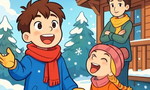 Lucas, un garçon de 12 ans aux cheveux châtains en bataille et aux joues rosies par le froid, admire les flocons de neige qui tombent. Il porte un manteau bleu vif, une écharpe rouge et des gants jaunes. À ses côtés, sa sœur Clara, 8 ans, avec des cheveux blonds tressés et un bonnet rose, essaie d'attraper les flocons avec sa langue en riant. Leur mère, dans la trentaine, les observe avec tendresse depuis la terrasse du chalet en bois, entouré de sapins enneigés et décoré de guirlandes lumineuses. Le sol est recouvert de neige immaculée et le ciel est bleu clair avec des nuages blancs. Lucas lève les bras pour attraper les flocons, tandis que Clara danse autour de lui dans la neige fraîche.