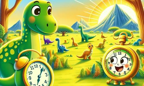 Tic-Tac, une petite horloge souriante aux aiguilles dorées, se tient devant une machine à voyager dans le temps, ses yeux brillants d'excitation. Elle est entourée de couleurs vives et de motifs amusants. À côté d'elle, un grand dinosaure vert à taches, avec un long cou et un sourire amical, l'observe curieusement. Ils se trouvent dans une prairie préhistorique, baignée de lumière dorée, avec des montagnes lointaines et un ciel bleu. Des dinosaures se déplacent paisiblement en arrière-plan. Tic-Tac explore le monde des dinosaures, discutant joyeusement avec son nouvel ami qui lui montre les merveilles de son époque.