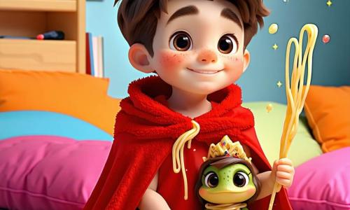 Un petit garçon de 4 ans, Toto, porte une grande cape rouge et tient une baguette magique en spaghetti. Il sourit malicieusement, assis sur son lit entouré de coussins colorés, réfléchissant à une idée amusante pour réveiller le Royaume. À côté de lui, une grenouille en robe de princesse, avec une couronne dorée, saute joyeusement, impatiente de l'aider. La scène se déroule dans une chambre magique, remplie de jouets, de posters de dragons et de lampes en forme d'étoiles. Les murs sont bleus et un grand tapis en forme de nuage recouvre le sol. Toto, déterminé, se prépare à utiliser sa baguette pour créer une pluie de chaussettes colorées afin de réveiller les habitants du Royaume.