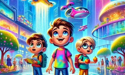 Dans la ville futuriste de Vélocité, trois garçons de sept ans se tiennent au centre d'une place animée. Tim, avec des cheveux ébouriffés, sourit en tenant une planche à roulettes volante. Max, portant des lunettes rondes, admire un drone distribuant des fruits, tandis que Léo, fasciné, observe un robot arrosant des plantes. La place est colorée, avec des gratte-ciels scintillants, des arbres flottants et des fontaines à bulles de savon. Des hologrammes de dauphins nagent au-dessus d'eux, créant une ambiance magique. Les amis découvrent les merveilles du quartier expérimental et s'apprêtent à entrer dans une bulle interactive promettant des jeux et des énigmes fascinantes.