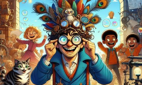 Un homme nommé Basile se tient au centre de l'image, vêtu d'une salopette bleue trop grande et portant des lunettes-loupes. Ses cheveux ébouriffés sont décorés d'une plume de paon, et il sourit avec enthousiasme tout en ajustant un casque farfelu. À ses côtés, son chat Raoul, un gros tigré aux yeux verts, observe depuis une pile de livres. En arrière-plan, trois enfants, Emma, Léo et Malik, rient et testent des inventions avec des accessoires loufoques. L'atelier chaotique est rempli de machines étranges, de plans griffonnés et de vieux outils, avec des rayons de soleil filtrant à travers une fenêtre poussiéreuse. Basile présente son invention, un casque à écouter le silence, tandis que des bulles colorées flottent autour d'eux, créant une atmosphère joyeuse.