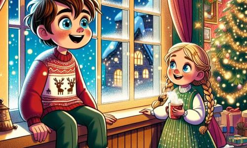 Un garçon de 7 ans, Félix, est assis sur le rebord d'une fenêtre, émerveillé par les flocons de neige. Il porte un pull rouge avec un motif de renne et des pantoufles en forme de lapin. À ses côtés, Clara, une petite fille de 6 ans avec de longs cheveux blonds tressés, sourit en tenant une tasse de chocolat chaud. Ils se trouvent dans un orphelinat chaleureux, décoré pour Noël, où règnent couleurs vives et rires d'enfants. Ils rêvent ensemble de la magie de Noël et de la joie à partager.