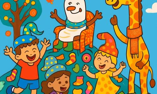 Quatre personnages sont présents : Léon, un garçon de 6 ans aux cheveux bruns en bataille, en t-shirt rouge et short bleu, riant les bras en l'air ; Zoé, une fille de 6 ans avec des cheveux blonds tressés, en robe à pois jaunes et chaussettes vert fluo, dansant avec une sucette ; Maxine, une fille de 6 ans avec des cheveux châtains bouclés, en t-shirt violet et pantalon rose, accroupie en train de construire une tour de chaussettes colorées ; et Madame Topinambour, une girafe en bottes de pluie avec une écharpe à paillettes, qui les encourage. La scène se déroule au sommet d'une montagne recouverte de chaussettes multicolores, avec un Grand Arbre à Bonbons et un ciel bleu éclatant. Les enfants participent à un concours de chapeaux-chaussettes, chacun portant un chapeau amusant, tandis que le Roi des Chaussettes les observe, créant une ambiance joyeuse et pleine de rires.