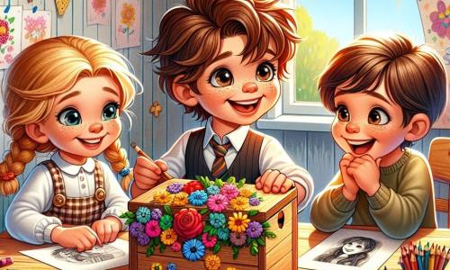 Dans une pièce lumineuse et chaleureuse, trois enfants sont réunis autour d'une grande table en bois. Tom, 8 ans, est assis au centre avec une boîte en bois. À sa gauche, Lily, 7 ans, observe le contenu de la boîte, tandis qu'à droite, Max, 8 ans, tient une photo de la maman de Tom. La pièce est décorée de guirlandes et de dessins, créant une ambiance festive. Les enfants créent un album souvenir pour la fête des mères, riant ensemble et discutant de la surprise pour la maman de Tom.