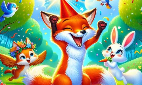 Un renard aux poils orange vif et à la queue touffue, portant un chapeau rouge brillant, danse joyeusement pour son anniversaire, entouré de ses amis. Un petit oiseau bleu aux plumes scintillantes vole autour de lui en chantant, tandis qu'un lapin blanc aux grandes oreilles, tenant une carotte, rit et applaudit à ses côtés. La scène se déroule dans une clairière verdoyante sous un ciel bleu, créant une ambiance festive et joyeuse.