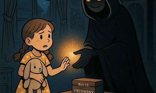 Léonie, 8 ans, châtain en deux tresses, robe jaune à pois blancs, serre son lapin en tissu Lapinou tandis que la grande Gardienne des Frayeurs, drapée d'une cape noire effilochée, aux yeux cuivrés lumineux et au sourire doux, lui tend la main devant une vieille horloge ; une petite boîte en bois « Boîte à Frissons » est posée sur une table entre elles, elles se touchent la paume et une lumière chaude jaillit, éclairant un salon ancien aux planchers craquants, rideaux poussiéreux et lune bleutée, créant une rencontre nocturne à la fois tendre et inquiétante.