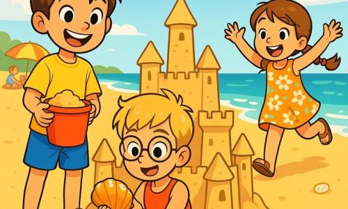 Trois personnages sont présents : Lucas, un garçon de 10 ans aux cheveux bruns, portant un short de bain bleu et un t-shirt jaune, souriant avec un seau de sable ; Mathis, également âgé de 10 ans, avec des cheveux blonds et des lunettes rondes, assis sur le sable en tenue de baignade rouge, tenant un coquillage brillant ; et Élise, une fillette de 6 ans aux cheveux châtains, vêtue d'une robe à fleurs, courant joyeusement vers l'eau. L'action se déroule sur une plage ensoleillée avec du sable doré, des vagues turquoise, des parasols colorés et des enfants jouant au loin. Lucas et Mathis construisent un château de sable, tandis qu'Élise cherche des coquillages, créant une atmosphère joyeuse et estivale.