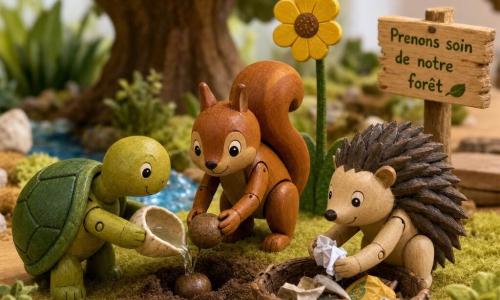 Petit diorama de jouets en bois montrant Noisette, un petit écureuil brun-orange au visage souriant, qui plante une graine dans un mini trou pendant qu’une tortue à carapace verte l’arrose doucement avec une coquille et qu’un hérisson aux piquants sombres ramasse un déchet pour le déposer dans un panier en écorce ; en arrière-plan une fleur jaune et une abeille en vol, un grand chêne peint, un ruisseau en résine bleue, herbes en feutre et pierres miniatures, le tout évoquant entraide et écologie dans un style doux, enfantin et chaleureusement éclairé.