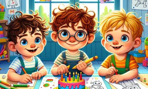 Trois garçons de trois ans se tiennent autour d'une table colorée : Max, aux cheveux bruns et bouclés, sourit avec un crayon jaune. À sa droite, Léo, blond avec des lunettes rondes, dessine un gros gâteau avec des bougies. À gauche, Tom, aux cheveux châtains et aux yeux pétillants, dessine un bonhomme souriant. La scène se déroule dans une pièce lumineuse, décorée de dessins et de jouets, avec une fenêtre ouverte laissant entrer la lumière. Ils préparent un cadeau spécial pour la fête des pères, mettant leurs dessins dans une enveloppe colorée, remplis d'excitation et d'amour pour leur papa.