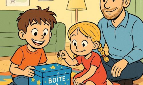Léo, un garçon de 8 ans aux cheveux bruns ébouriffés et aux yeux pétillants, est assis sur un tapis coloré avec un sourire radieux. Il tient une boîte à chaussures décorée de peinture bleue et d'étoiles jaunes. À côté de lui, sa sœur Zoé, 5 ans, avec des nattes blondes et un regard espiègle, ajoute des paillettes à la boîte. Leur papa, un homme d'une trentaine d'années avec une barbe légère et un sourire chaleureux, est assis près d'eux, les observant avec tendresse. La scène se passe dans un salon lumineux aux murs pastel et remplis de dessins d'enfants. Le sol est couvert de crayons de couleur et de papiers découpés. Léo et Zoé préparent une 
