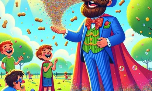 Super-Moustache est un homme joyeux avec une grande moustache bouclée et colorée. Il porte une cape rouge et un costume bleu vif, lançant des confettis avec sa moustache dans une ambiance festive. À ses côtés, Bidule-Cacahuète, un garçon de 8 ans avec des cheveux en bataille et un t-shirt jaune, rit assis par terre, entouré de cacahuètes. Patatras, un garçon de 9 ans aux lunettes rondes, jongle maladroitement avec des pommes. La scène se déroule dans un parc ensoleillé avec des arbres, des fleurs et un ciel bleu, où des bulles de savon flottent dans l'air. Ils s'amusent ensemble, illustrant l'esprit joyeux de leur amitié.