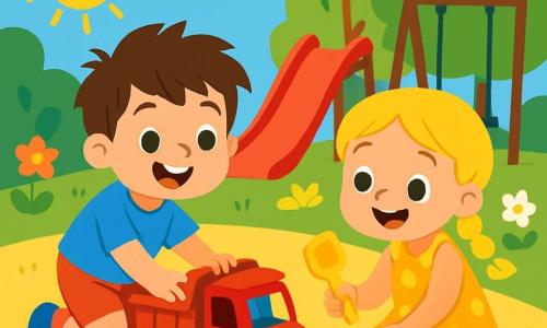 Léo, un petit garçon de 4 ans aux cheveux bruns en bataille et au sourire éclatant, joue dans un parc ensoleillé. Vêtu d'un t-shirt bleu vif et d'un short rouge, il pousse un camion rouge dans le sable doré, rayonnant de joie. À ses côtés, Inès, une petite fille de 4 ans avec des cheveux blonds tressés et une robe jaune à pois, utilise une pelle en plastique jaune pour creuser. Le parc est verdoyant, avec des arbres et des fleurs colorées, et un toboggan rouge et une balançoire en arrière-plan. Léo et Inès s'amusent à remplir le camion de sable, riant et partageant des moments complices, illustrant la beauté de l'amitié.