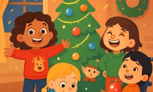 Quatre enfants sont présents : Zoé, une fille aux cheveux bruns et bouclés, portant un pull rouge avec un renne, se tient debout devant le sapin. Mia, aux cheveux blonds tressés et avec une écharpe bleue, est accroupie près d'une boîte de décorations. Jade, avec des cheveux châtains et un pull vert, rit à côté de Zoé. Lina, aux cheveux courts et noirs, sourit dans un fauteuil roulant décoré, tenant une boule de Noël. Le salon est chaleureux, rempli de lumières et de décorations de Noël, avec un grand sapin orné d'une étoile dorée. Les enfants rient en cherchant l'étoile, tandis qu'un lutin farceur les observe derrière le sapin.