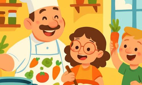 Le Chef Léo, jovial avec sa toque blanche et son tablier à motifs de légumes, sourit en montrant une grande casserole fumante. À ses côtés, Clara, une petite fille de 7 ans aux cheveux bouclés et lunettes rondes, mélange une pâte dans un bol. Lucas, un garçon de 6 ans aux cheveux blonds et taches de rousseur, se tient sur une chaise avec une carotte qu'il montre fièrement. Le bistro, chaleureux avec des murs jaunes et des étagères d'épices colorées, est éclairé par la lumière du soleil. Léo et les enfants cuisinent ensemble, riant et créant une atmosphère joyeuse.