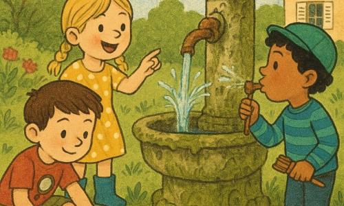 Trois enfants — deux garçons de 6 ans et une fille de 5 ans — dans le jardin de leur grand‑mère : herbe verte, fleurs rouges et violettes, une vieille fontaine en pierre couverte de mousse et d’algues devant une petite maison; ils réparent ensemble la fontaine, un filet d’eau jaillit d’un tuyau rouillé, éclaboussures brillantes et visages joyeux.