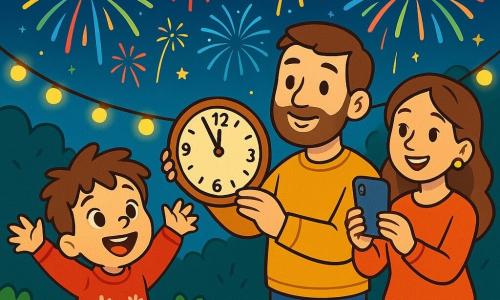 Un petit garçon de 4 ans, Lucas, avec des cheveux bruns en désordre et des yeux pétillants, est dans le jardin, les bras levés vers le ciel, émerveillé par des feux d'artifice. Il porte un pull rouge avec des flocons de neige et un pantalon bleu. À ses côtés, son papa, un homme d'une trentaine d'années avec une barbe légère, tient une horloge en bois, comptant les secondes avant minuit. Sa maman, souriante et avec des cheveux longs, prend une photo de ce moment avec son téléphone. Le jardin est décoré de guirlandes lumineuses et le ciel est rempli de couleurs vives des feux d'artifice. Lucas, heureux, célèbre le Nouvel An avec sa famille, entouré de lumière et de joie.