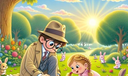 Max, un homme de taille moyenne avec des cheveux bruns et des lunettes rondes, porte un trench-coat beige et un chapeau de détective. Il examine une empreinte de chaussure dans la boue, accroupi près d'un chêne. Lucie, une petite fille de six ans avec des cheveux blonds en tresses, est assise sur l'herbe, entourée de lapins, avec un sourire joyeux. Le parc est verdoyant, baigné de lumière dorée, avec de grands arbres, des fleurs colorées et un ciel bleu clair. Max examine l'empreinte tandis que Lucie joue avec les lapins, créant une atmosphère mystérieuse et joyeuse.