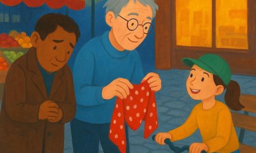 Un homme d'âge mûr aux cheveux gris en broussaille et lunettes rondes, bienveillant, tend délicatement un foulard rouge à pois blancs; à gauche, un homme adulte timide au manteau brun regarde le foulard les mains crispées; une fille d'environ 10 ans en casquette verte, queue de cheval, sourit soulagée en reprenant son foulard, assise sur un petit vélo près d'un banc; scène au crépuscule sur une place de marché pavée avec lampadaire jaune, étals de fruits, boulangerie et une poubelle renversée; atmosphère chaleureuse et apaisée, sourire partagé après la restitution.