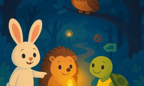 Un petit hérisson rond aux piquants bruns tient une lampe à huile jaune et regarde timidement, Léon le lapin blanc aux grandes oreilles pointe un panneau éclairé à sa gauche, Zoé la tortue verte au gilet jaune réfléchissant est assise à droite en souriant, Madame Chouette est perchée sur une branche au-dessus; en arrière-plan un sentier de nuit serpente entre des arbres bleu nuit avec des panneaux colorés, feuilles orangées au sol et lampadaires diffusant une lumière chaude; ambiance rassurante, style vectoriel aux contours doux, palette pastel saturée et formes simples adaptées aux tout-petits.