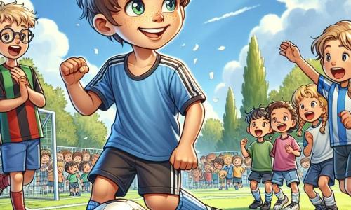 Lucas, un garçon de 10 ans, est au centre de l'image, avec des cheveux bruns en bataille et un grand sourire, portant un maillot bleu et un short noir. Il dribble un ballon de football avec agilité, ses yeux pétillants d'excitation. À ses côtés, Tom, 11 ans, avec des lunettes et des cheveux blonds, applaudit, tandis qu'Emma, 9 ans, avec des tresses et un maillot rose, l'encourage. Ils sont sur un terrain de football verdoyant, entouré d'arbres et d'enfants admirant le jeu. Le parc est ensoleillé, avec un ciel bleu clair et quelques nuages. La scène montre Lucas prêt à marquer un but, illustrant l'esprit d'équipe et la passion du football.