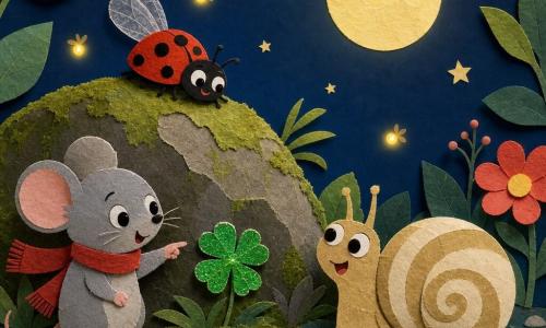 Un escargot nommé Lino à la coquille ronde beige et crème laisse un mince sillon argenté sur une feuille brillante, regard curieux tourné vers un trèfle aux quatre feuilles émeraude ; Momo la petite souris à la fourrure grise et écharpe rouge, debout à gauche, pointe le trèfle, et Zoé la coccinelle rouge à points noirs vole au-dessus avec des ailes semi-transparentes en papier froissé ; en arrière-plan à droite, un vieux rocher couvert de mousse, grandes feuilles, fleurs stylisées et petites lucioles dorées sous une lune jaune pâle et un ciel bleu nuit étoilé, lumière douce, couleurs chaudes et textures papier évidentes, ambiance d’aventure douce, émerveillement et amitié.