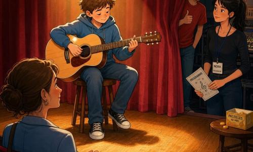 Garçon d'environ 11 ans, visage rond, cheveux châtain courts ébouriffés, assis sur un tabouret au centre de la scène, jouant et chantant doucement une guitare acoustique claire sous un faisceau chaud ; sa mère d'environ 35 ans, cheveux en chignon, émue et fière, est assise au premier rang en silhouette, mains jointes ; Sam, adolescent d'environ 13 ans en t-shirt rouge, est en coulisse à droite, à moitié dans l'ombre, faisant un pouce levé ; Nora, régisseuse d'environ 30 ans, cheveux noirs en queue de cheval et badge, tient un programme près des rideaux ; petite salle de théâtre avec rideau de velours bordeaux, plancher verni, rangées de sièges sombres et console de son en coulisse, ambiance intime et chaleureuse, contrastes doux entre lumière chaude sur scène et ombres en coulisse, détails : reflets sur la guitare et une petite boîte de pastilles au miel visible en loge.