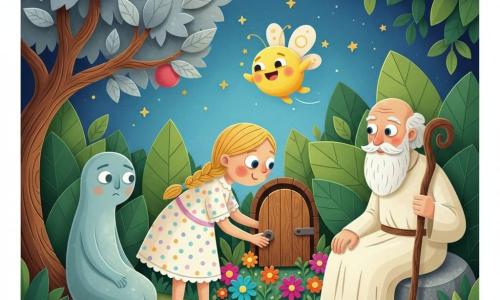 Lila, 6 ans, aux cheveux blonds en natte et robe à pois pastel, ouvre une petite porte en bois cachée parmi les feuilles et sourit timidement ; à droite, le Sage des Saisons (≈70 ans) en tunique crème, barbe blanche et bâton sculpté, est assis sur une pierre et la regarde bienveillant ; une petite créature jaune ailée de Joie vole au-dessus des fleurs tandis qu’une créature de Tristesse bleu-gris est assise au pied d’un arbre aux feuilles argentées ; le jardin magique comprend un vieux pommier, un tapis de fleurs multicolores, des chemins de pierres scintillantes et un ciel bleu parsemé d’étoiles dorées, éclairé d’une lumière chaude avec des ombres douces.