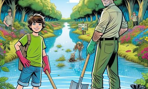 Léo, un garçon de 12 ans aux cheveux bruns en désordre et aux yeux déterminés, se tient au bord d'un ruisseau scintillant. Il porte un t-shirt vert vif et un short en jean, avec des gants de jardinage, prêt à nettoyer la nature. À ses côtés, Monsieur Martin, un ranger d'environ 40 ans avec un chapeau de paille et une chemise kaki, sourit en tenant une pelle et encourage Léo. Ils se trouvent dans une réserve naturelle luxuriante, entourés d'arbres majestueux, de fleurs colorées et d'un ruisseau qui serpente, ramassant des déchets et illustrant leur engagement à protéger l'environnement.