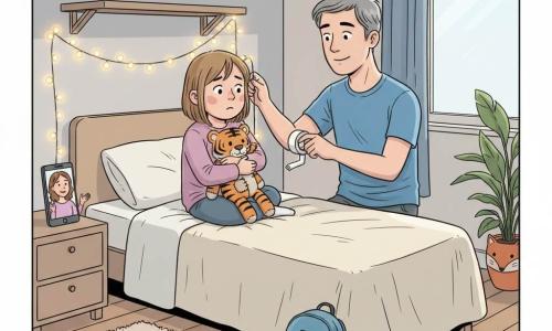 Une fillette de 10 ans au visage rond marqué d’un grain de naissance sur la joue, cheveux châtain clair au carré, serre son doudou tigre usé contre sa poitrine, assise sur un lit simple à couette claire en train d’accrocher une guirlande lumineuse au-dessus d’elle; son père d’environ 38 ans, cheveux courts poivre et sel et t-shirt bleu, se tient près du lit en souriant et lui tend un rouleau de scotch; la mère d’environ 36 ans apparaît en appel vidéo sur le téléphone posé sur la table de chevet, visage chaleureux et mains en signe de réconfort; la petite chambre d’un appartement lumineux a un mur gris pâle, une étagère vide, un tapis beige, une plante en pot en forme de renard sur le rebord de la fenêtre et, au sol, un sac à dos bleu et un carnet violet — première nuit chez Papa après la séparation, scène calme et intime aux lumières chaudes de la guirlande, mélange d’appréhension et d’apaisement sur le visage de la fillette.