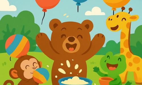 Un ours brun nommé Oscar, souriant, se tient au centre, les pattes levées, entouré de farine et d'œufs, prêt à faire un gâteau. À sa droite, Lili la grenouille saute joyeusement avec un petit bol, tandis qu'à gauche, Sam le singe souffle dans un ballon coloré en riant. Plus loin, Zoé la girafe lève un grand ballon, souriante. La scène se déroule dans une clairière ensoleillée, avec des arbres et des fleurs, et des éclats de farine et des fruits au sol, illustrant une fête amusante pleine de rires et de surprises.