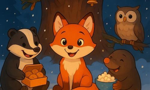 Un renard roux nommé Lino, avec une fourrure brillante et des yeux pétillants, sourit chaleureusement, assis au centre d'un cercle de neige scintillante entouré de lanternes lumineuses. À sa droite, Mina la taupe tient un bol de pop-corn neigeux, et à sa gauche, un blaireau montre une boîte de biscuits croquants. En arrière-plan, une chouette perchée sur une branche observe la scène. Tout se passe sous un grand chêne décoré, avec une clochette qui tinte doucement. La neige tombe, créant une atmosphère magique et festive.