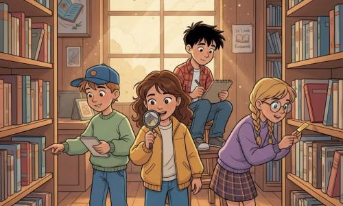 Quatre enfants enquêtent dans une librairie chaleureuse aux murs en bois et étagères hautes : Léa (10 ans) au centre, cheveux bruns bouclés, veste jaune moutarde, tient une loupe ; Tom (9 ans) à gauche, cheveux châtains courts, casquette bleue à l'envers, montre une piste avec un carnet et un crayon ; Emma (10 ans) à droite, cheveux blonds en tresse, pull violet et lunettes rondes, tient un marque-page doré ; Hugo (9 ans) derrière elle, cheveux noirs ébouriffés, chemise à carreaux rouge, esquisse l'étagère sur un petit escabeau. Il manque un livre relié en cuir rouge sur l'étagère, on voit une empreinte poudreuse au sol et le marque-page posé sur un livre voisin; lumière dorée entrant par une grande fenêtre, poussière flottante, tapis près du comptoir et affiche "Le Livre Enchanté" au fond; ambiance joyeuse et mystérieuse, couleurs chaudes et contrastes nets, style dessin animé années 90.
