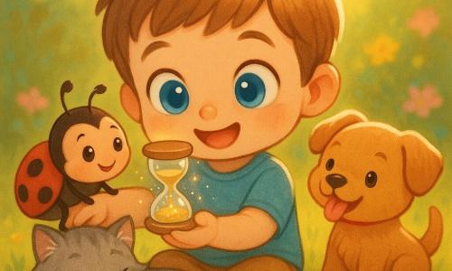 Léo, garçon de 4 ans aux cheveux châtain clair et grands yeux bleus, sourit émerveillé en tenant un petit sablier en verre au sable doré; Mila la coccinelle repose sur son avant-bras, Tom le petit chien caramel est assis à droite la langue dehors et la queue qui remue, et à gauche un vieux chat gris tigré aux longs poils ronronne; ils sont rassemblés en cercle dans un jardin en fin d’après-midi aux herbes et fleurs colorées, lumière dorée, arrière-plan flou, moment calme où le sable coule, tons pastel.