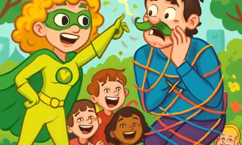 Zélie, une super-héroïne pétillante aux cheveux bouclés et dorés, porte un costume lumineux jaune citron et vert fluo. Avec un grand sourire espiègle, elle utilise ses pouvoirs pour faire pousser des moustaches sur les visages des méchants. Capitaine Pataud, un homme d'une trentaine d'années avec une moustache en bataille et des chaussettes dépareillées, est surpris par la moustache qui lui pousse, enroulé dans un filet coloré à côté de Zélie, l'air confus et amusé. Le parc central de Pétaradiville est verdoyant, avec des arbres aux feuilles éclatantes et des fleurs multicolores, tandis que des bulles de savon flottent dans l'air et qu'un groupe d'enfants rit et applaudit. Zélie transforme un moment de chaos en une fête joyeuse pleine de rires et de surprises.