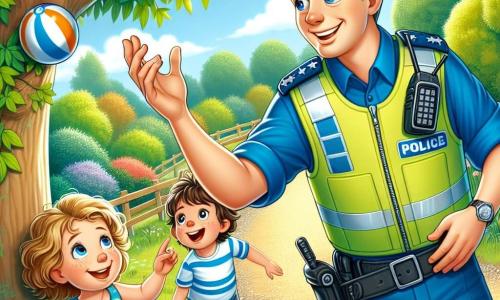 Un jeune policier souriant, d'environ 25 ans, en uniforme bleu vif, se tient sous un arbre et tend la main pour décrocher un ballon coincé dans les branches, affichant une expression de concentration et de joie. À ses côtés, une petite fille de 7 ans, Anna, aux cheveux blonds et bouclés, observe avec émerveillement, tandis qu'un garçon de 6 ans, Lucas, avec des cheveux bruns en bataille, rit et pointe le ballon. Le parc ensoleillé est rempli d'arbres, de fleurs et d'enfants jouant au loin, créant une ambiance joyeuse et accueillante. La scène illustre l'entraide et la camaraderie.