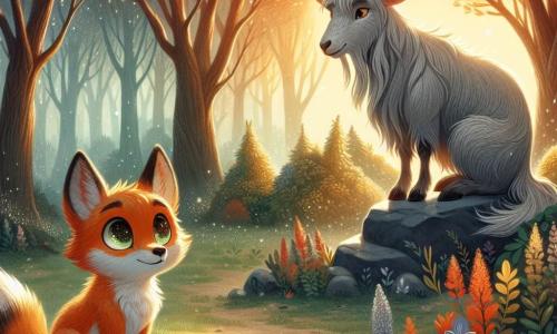 Dans une forêt enchantée, un jeune renard nommé Firmin, avec un pelage orange éclatant et des yeux curieux, se tient pensif au centre de la scène. Il écoute les murmures du vent, ses oreilles dressées. À proximité, Sage-Bouc, un vieux bouc aux cornes majestueuses et au pelage gris argenté, l'observe avec bienveillance depuis une pierre. La scène se déroule dans la clairière de la Forêt des Murmures, entourée d'arbres aux feuilles scintillantes sous la lumière du soleil levant, avec des fleurs colorées et un léger brouillard qui ajoute du mystère. Firmin, en quête de réponses sur la liberté, écoute les conseils de Sage-Bouc, tandis que le vent transporte des murmures secrets, créant une ambiance magique.