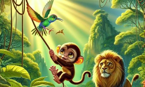 Une petite guenon aux yeux brillants et au pelage doré, inquiète, se tient accrochée à une liane, prête à sauter. À côté, un oiseau-mouche coloré virevolte joyeusement, souriant et prêt à l'aider. En dessous, un lion majestueux, avec une crinière dorée, observe la scène avec bienveillance. La jungle luxuriante les entoure, avec des arbres géants, des fleurs colorées et des rayons de soleil illuminant la scène. La guenon, perdue, cherche sa famille, tandis que l'oiseau-mouche et le lion se préparent à l'aider, créant une atmosphère d'amitié et de solidarité.