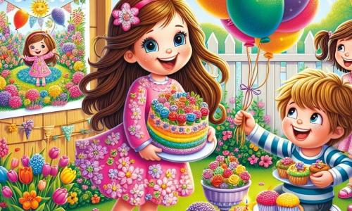 Léa, une petite fille de 6 ans aux longs cheveux bruns et aux yeux pétillants, porte une robe rose à fleurs et sourit en tenant un dessin de son jardin de printemps. À ses côtés, Tom, un garçon de 6 ans aux cheveux blonds, rit en tenant des ballons multicolores. Clara, une autre fille de 6 ans avec des cheveux châtains, apporte des cupcakes décorés de fleurs en sucre. La scène se déroule dans le jardin ensoleillé de Léa, rempli de tulipes et de lilas. Ils célèbrent le printemps lors d'une fête joyeuse, partageant des gâteaux et admirant le dessin de Léa.