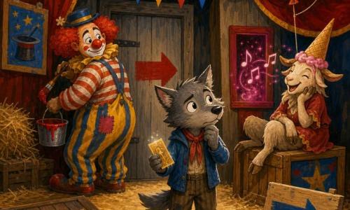 Petit loup anthropomorphe au pelage gris et aux yeux curieux serre un billet brillant dans sa patte, hésitant au centre de la scène ; derrière lui à gauche, un clown trapu aux cheveux roux peint une flèche rouge sur une porte de service en affichant un sourire mi-amusé mi-inquiet ; un ballon-poisson orange clignotant flotte en coin et fait un clin d’œil ; une chèvre acrobate crème, avec un cône de glace sur la tête, rit assise sur une caisse à l’arrière-plan ; le sol est couvert de sciure et de paille, des panneaux en bois peints et une banderole « Grand Numéro Surprise » ornent l’entrée ; trois voies mènent hors de la scène — une trappe « Piste 1 : Magie » à gauche, la porte centrale fléchée et une petite fenêtre à droite d’où s’échappent paillettes roses et notes de musique — le tout baigné d’une ambiance chaleureuse et mystérieuse aux couleurs vives et aux textures épaisses de peinture.