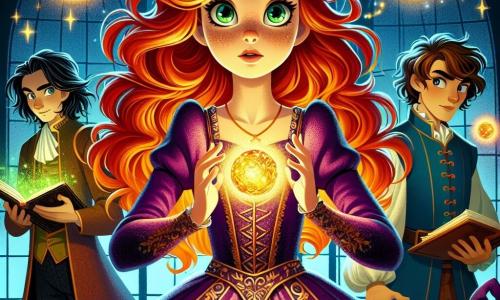 Au centre de l'image, Gwendolyn, une apprentie sorcière de douze ans, se tient avec détermination, ses cheveux roux flamboyants et ses yeux verts pétillants d'excitation. Elle porte une robe en velours violet ornée de motifs dorés et lève les mains vers un globe lumineux flottant. À sa droite, Léon, un garçon espiègle de douze ans avec des cheveux bruns en bataille, est prêt à lancer un sort d'illusion. À gauche, Mila, aux longs cheveux noirs et aux yeux sages, observe attentivement, tenant une potion colorée. La scène se déroule dans la salle du globe de l'Académie des Arcanes, un endroit mystérieux aux murs en pierre ancienne, éclairé par des lanternes flottantes. Gwendolyn, Léon et Mila conjurent ensemble une puissante lumière pour repousser une ombre menaçante qui émerge du sol.